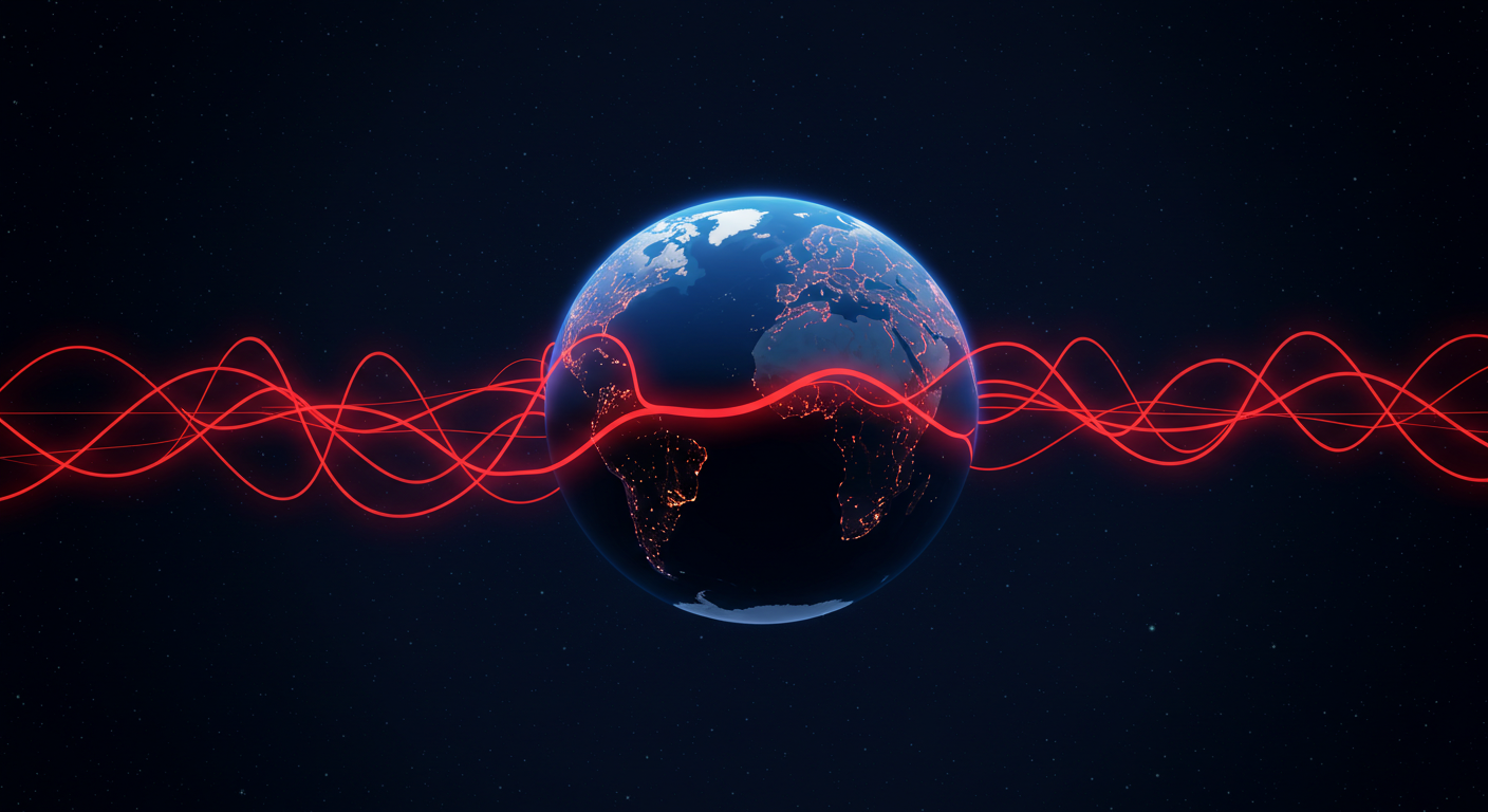 An illustration of the Earth wrapped in red lines representing blood vessels.